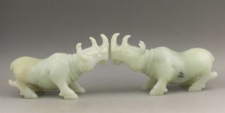 A Pair Chinese Old Natural Jade Hand - Carved Statue Rhinoceros 4.  9 Inch