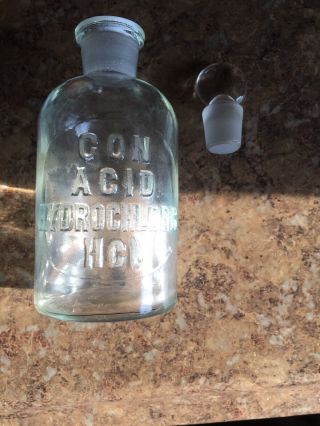 Vintage Hydrochloric Acid Bottle W/Glass Stopper 8 5 Inches Tall Overall 3