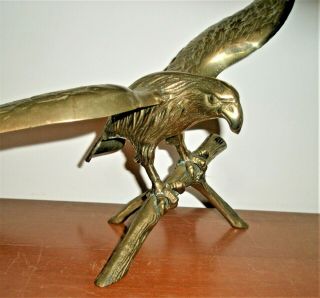 Vintage Large Brass Eagle Perched On Limb / Branch Statue Figurine