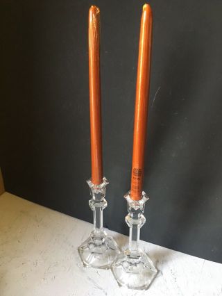 Vintage Pair Clear Glass Candlesticks Tapered Candle Holders Hexagon Base Deco