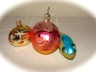3 Vintage German Blown Glass Fish Christmas Ornaments: Orange,  Yellow &aqua