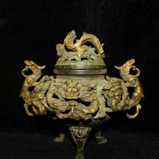 Collectable Handwork Tibet Old Copper Carve Roar Dragon Exorcism Incense Burner
