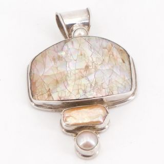 Vtg Sterling Silver - Southwestern Abalone & Baroque Pearl Pendant - 26.  5g