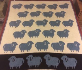 Vtg Vuteks Crown Crafts Reversible Sheep Blanket Throw Blue White Black 56 X 74