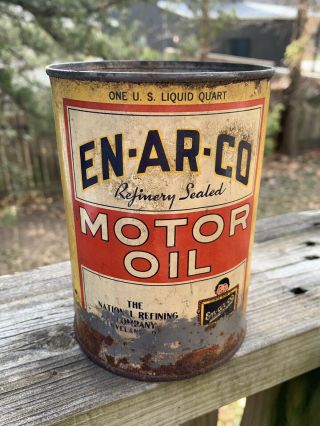 Vintage 1950 ' s ENARCO NATIONAL REFINING Motor Oil 1 QT Metal Oil Can Gas Sign 3