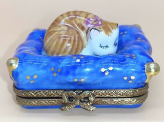 Vtg Pv Parry Vielle Limoges France Hand Painted Cat & Pillow Hinged Trinket Box