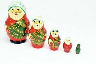 Vintage Hand Painted Wooden Santa Claus W/christmas Tree Matryoshka Nesting Doll