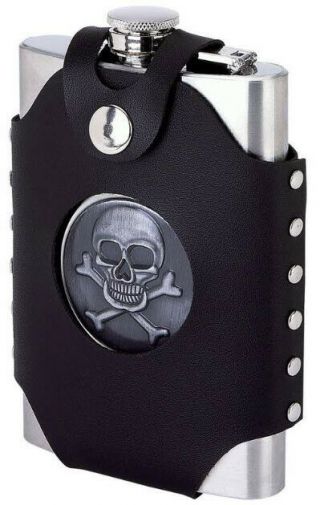 Flask Skull & Crossbones 8 Oz Stainless Steel Leather Wrapped Bar Accessories