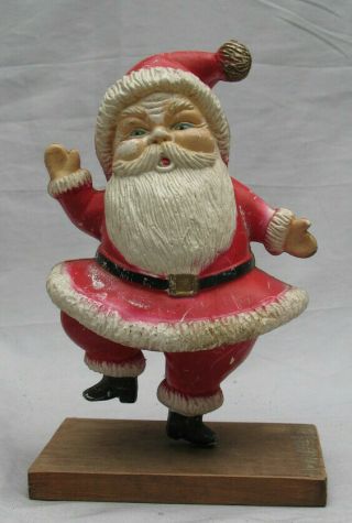 Vintage Plastic Santa On Wood Base Christmas Decoration