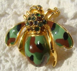 Qvc Joan Rivers Camo Camouflage Enamel Rhinestone Bumble Bee Pin -