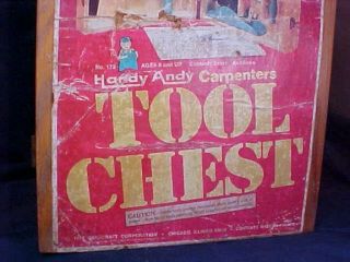 Vintage Handy Andy Carpenters Tool Chest and Tools Wood Case with Handle 3