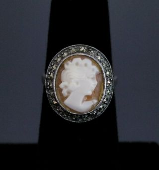 Vtg Sterling Silver Art Deco Style Carved Shell Cameo Marcasite Ring,  Size 5.  25