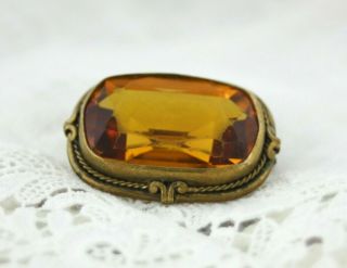 Vintage Victorian Edwardian Faceted Amber Glass Brass Brooch Pin - Old C Clasp