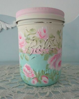 Mason/ball Jar With Pink Roses Hp Shabby Cottage Vintage Chic Hand Painted