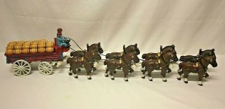 Vintage Cast Iron Budweiser Clydesdale Beer Wagon 2 Men 1 Dog 8 Horses 28 Barrel
