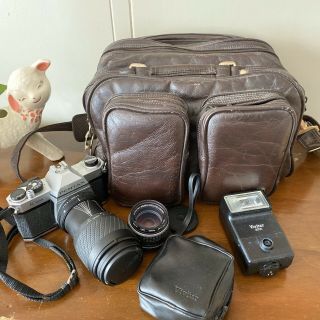 Pentax K1000 35mm Film Camera With Lenses And Vintage Leather Bag