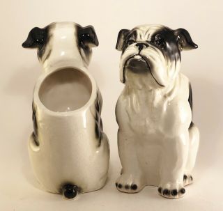 Set Of 2 Vintage Ceramic Black And White Bulldog Planter Vase