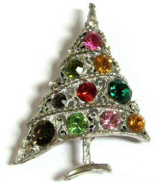 Vintage Weiss Asymmetrical Silver Tone Rhinestone Christmas Tree Brooch Pin