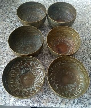 Set Of 6 Antique Far Eastern Indian Decorative Brass Bowls Highly Decorated