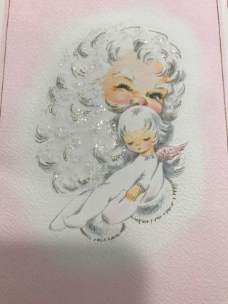 Vintage Christmas Card Glitter Pink White Santa Angel Baby Girl Winking Sunshine