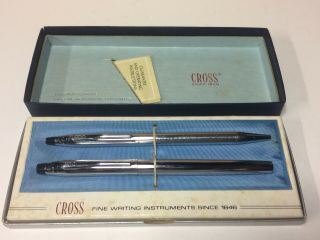 1975 Cross Chrome Soft Tip Pen & Ball Pen Set 3524 In Gift Box W Fine & Med Inks