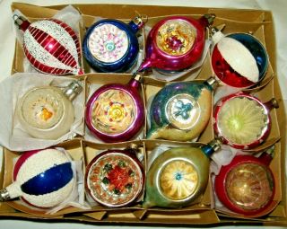 12 Vintage Glass Hand Made 9 Indents 3 Mica Christmas Ornaments Poland