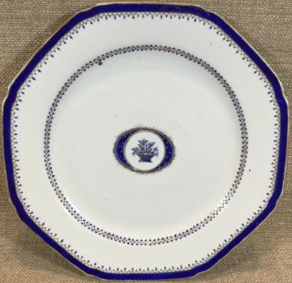 Antique Chinese Export Armorial Plate With Blue And Gold Rim.  9 1/4” Basket
