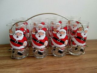 SET OF 8 VINTAGE SANTA CLAUS AND ELVES GLASSES TUMBLERS WITH DRINK CARRIER 2