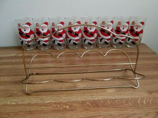 SET OF 8 VINTAGE SANTA CLAUS AND ELVES GLASSES TUMBLERS WITH DRINK CARRIER 3