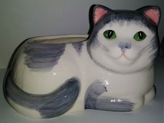 Vintage Grey/white Ceramic Cat Planter Green Eyes Kitty
