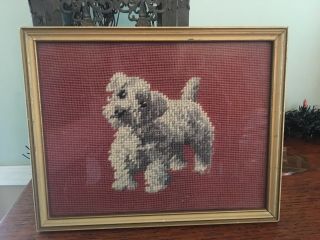 Vintage Needlepoint Picture Of White Dog In Old Wooden Frame