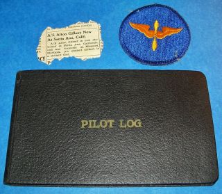 Ww2 Aaf Air Student Pilot Log Book,  Patch & Newspaper Clipping