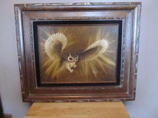 Vintage Peggy Harris Oil On Canvas Framed Owl Painting White Lightning 1982