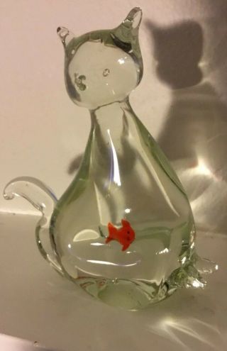 A Large 6” X 6” Clear Glass Cat Figurine With An Orange Fish In The Tummy