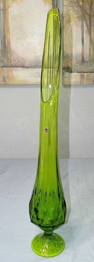 Huge 29 " Midcentury Viking Art Glass Green Pulled Stretch Swung Vase Diamond Vtg