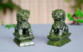 A Pair 100 Natural China Green Jade Carved Fengshui Foo Fu Dog Guard Door Lion