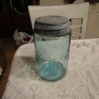 Vintage Pint Aqua Blue Embossed Mason Canning Jar W Zinc Lid Bubbles Wavy Lines