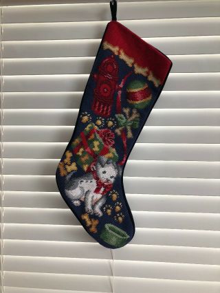 Vintage Style Lands End Needlepoint Wool Christmas Stocking Puppy Fire Hydrant