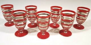 Vintage Cordial Glasses 7pc Set Retro Red & Silver Stripes Old Bohemian Glass