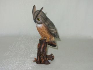Vintage Carved Wood Horned Owl on Log Branch Bird Figurine Made China 2