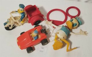 Lmas Marx Walt Disney Plastic Donald Duck Pull Back Motorcycle Car & Puppet