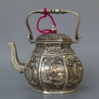 Collectable Handwork Miao Silver Carve Vivid Goldfish Flower Auspicious Tea Pot