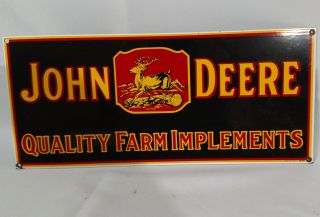 Heavy Enameled Porcelain Sign John Deere Quality Farm Implements 18 " X 8 "