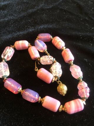 Pink Sommerso Vintage Venetian Murano Italian Art Glass Bead Hand Knot Necklace 2