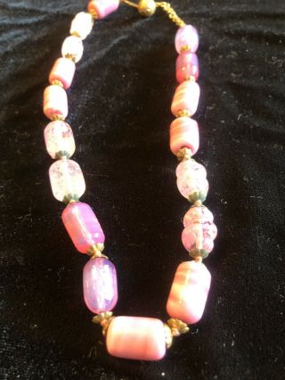 Pink Sommerso Vintage Venetian Murano Italian Art Glass Bead Hand Knot Necklace 3