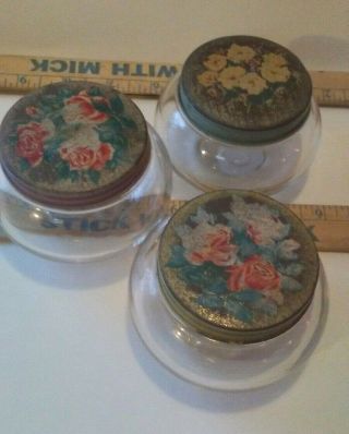 3 Small Vintage? Lotion Creme Glass Jars With Metal Lids