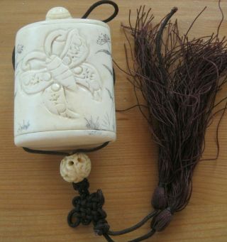 Hand Carved Japanese Bovine Bone Inro With Scenes Of Butterfly & Ojime Beads