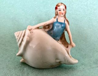 Vintage 1940 - 50 German Bathing Beauty Figurine Sitting On A Lusterware Seashell