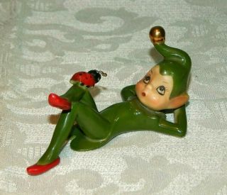 Vintage Josef Originals Green Ceramic Pixie Elf W/ Ladybug Japan