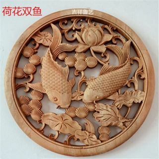Old Chinese Hand Carved 荷花双鱼 Statue Camphor Wood Round Plate Wall Sculpture